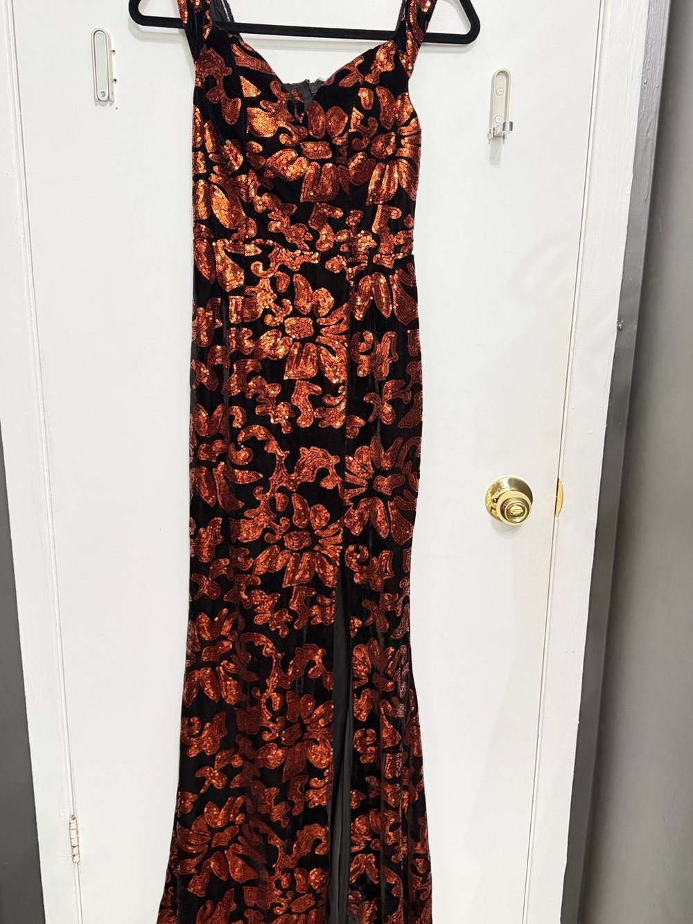 AKIRA Black Maxi Dress with Copper Floral Sequin Pattern